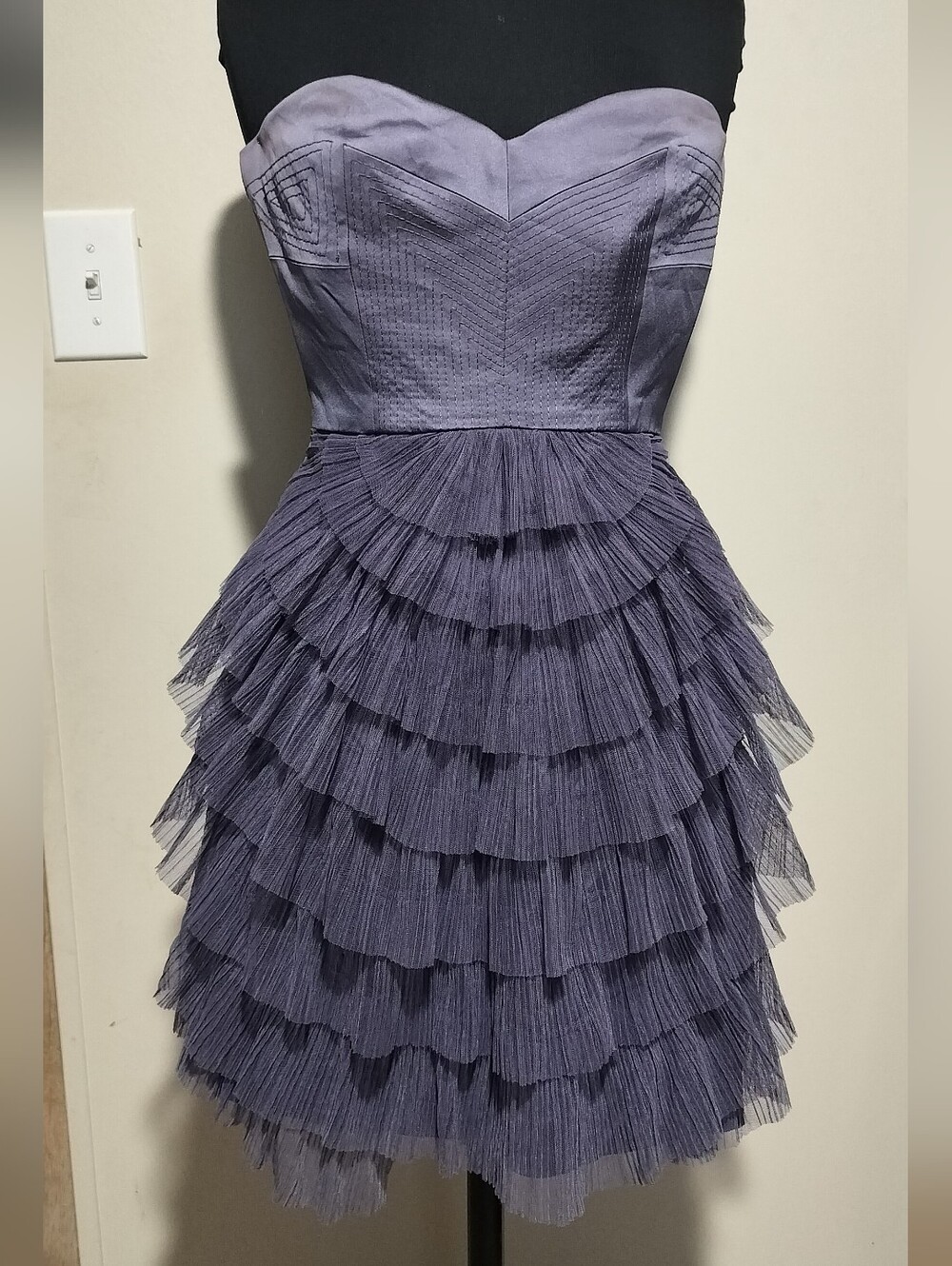 BCBGMaxAzria Strapless Tiered Ruffle Dress in Dusty Lavender